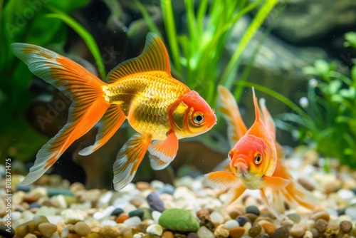 Goldfish in aquarium with aquatic plants background