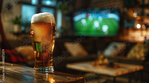 glass with beer on a wooden table in a house with a TV in the background watching a soccer game