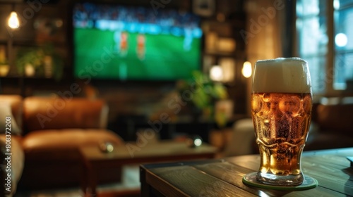 glass with beer on a wooden table in a house with a TV in the background watching a soccer game in high resolution and high quality