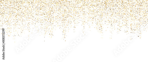 Gold confetti garland on white background. Falling golden glitter and sparkle wallpaper. Yellow shining dots repeating pattern. Magic dust sparkling decoration for Christmas, New Year. Vector backdrop