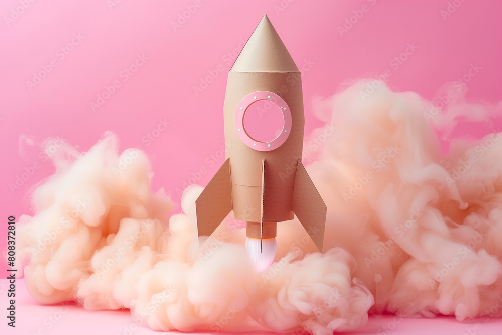 cardboard made children rocket launch on a pink background. High quality photo cardboard made children rocket launch on a pink background. High quality photo