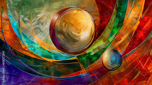 Stained glass-style artwork featuring colorful  interconnected circles on a geometric background in a blend of cool and warm hues