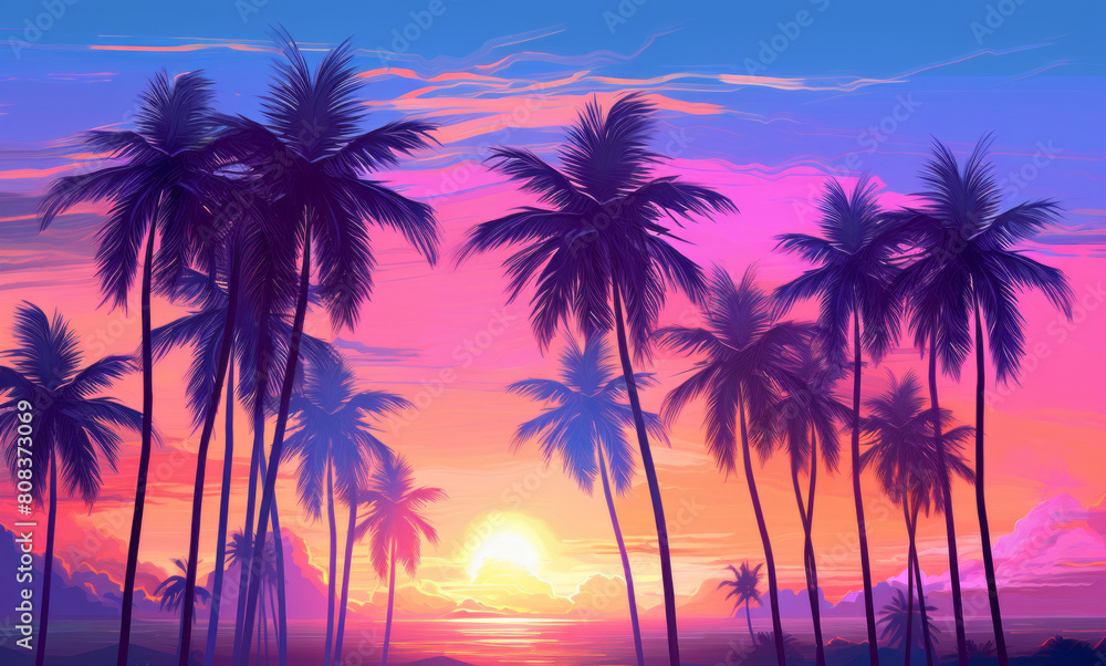 Twilight on the beach. Colorful pink sunset on tropical ocean beach with coconut palm trees silhouettes.