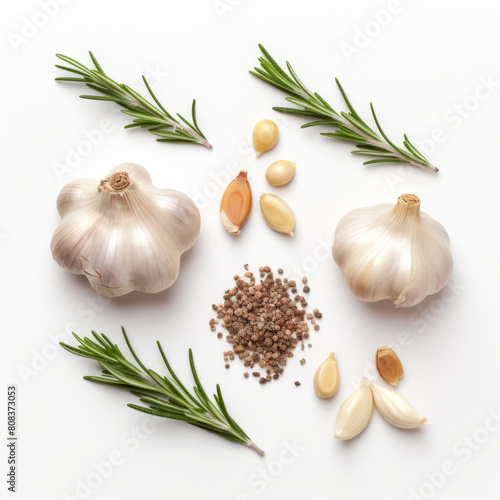 Garlic with rosemary and peppercorn isolated photo