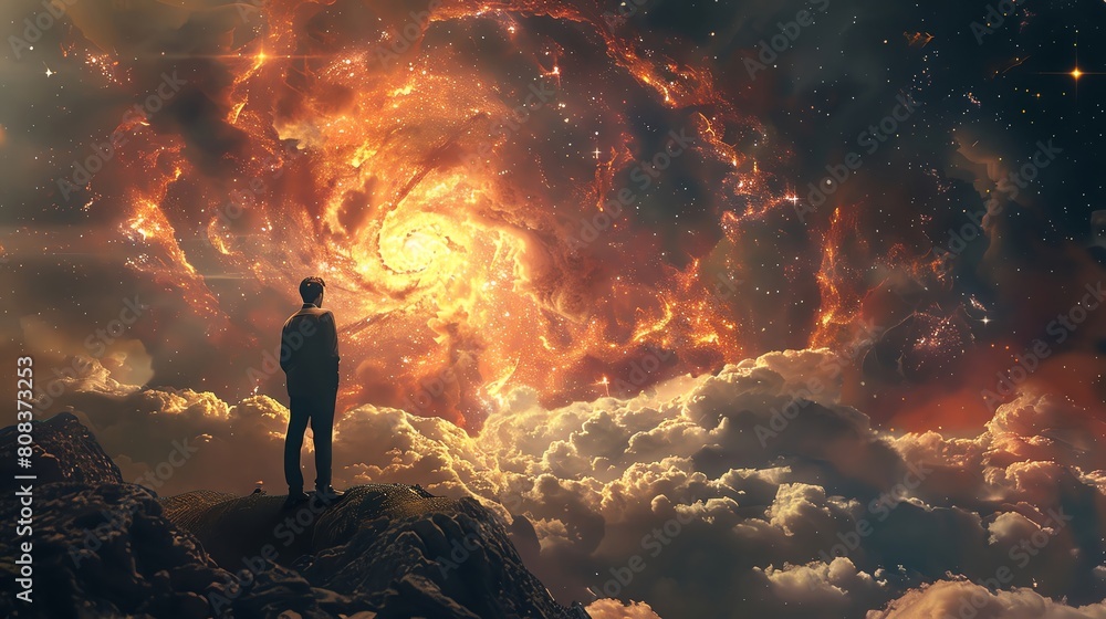 Philosopher pondering deep thoughts while observing a supernova, existential contemplation on cosmic scale Philosopher pondering deep thoughts while observing a supernova, existential contemplation on cosmic scale