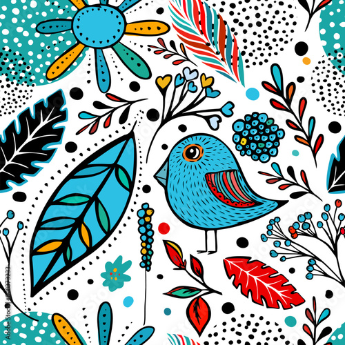 Decorative seamless background with birds and flowers. hand drawing. Not AI. Vector illustration