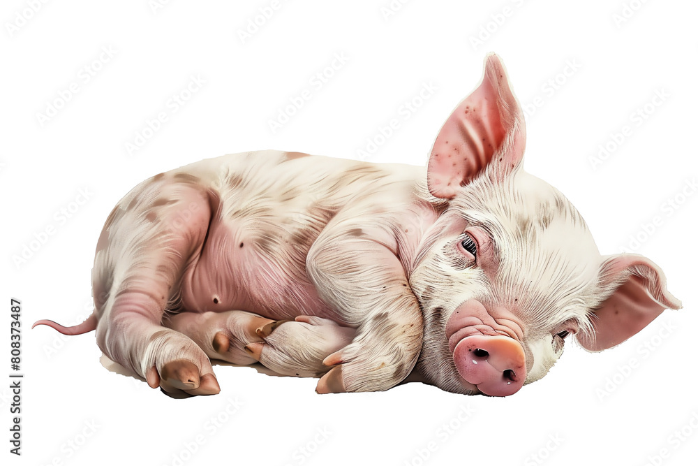A cute pink piglet is sleeping soundly on its side with a blissful smile on its face