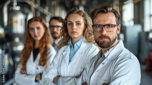 Professional team of chemists in a safety meeting at a chemical manufacturing plant, serious expressions, with industrial equipment in the backdrop