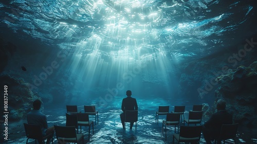 Public speaking at an underwater conference, innovative communication in a surreal marine environment photo