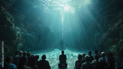Public speaking at an underwater conference, innovative communication in a surreal marine environment photo