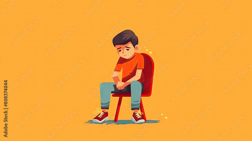 Young Boy Sitting on a Red Chair Looking Sad and Thoughtful Against a Plain Background Young Boy Sitting on a Red Chair Looking Sad and Thoughtful Against a Plain Background