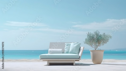 Minimalist Beach Lounge with Modern Sofa and Olive Tree by the Sea © AS Photo Family