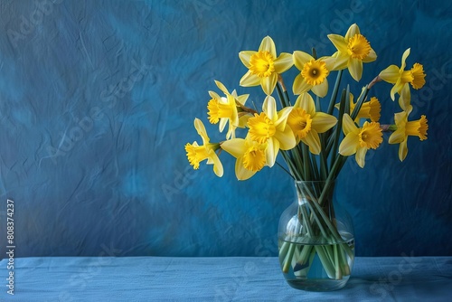 vibrant yellow daffodils arranged in clear glass vase still life photography photo