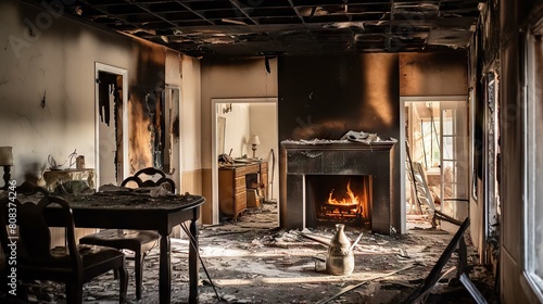 Devastating Aftermath of House Fire  Burnt Interior with Lingering Flame