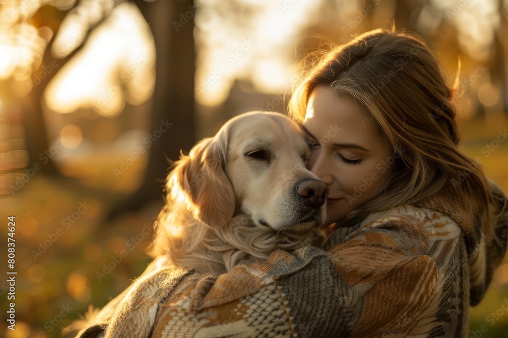 woman cuddling her beloved dog in the park enjoying a heartwarming moment of companionship and unconditional love aigenerated candid photo