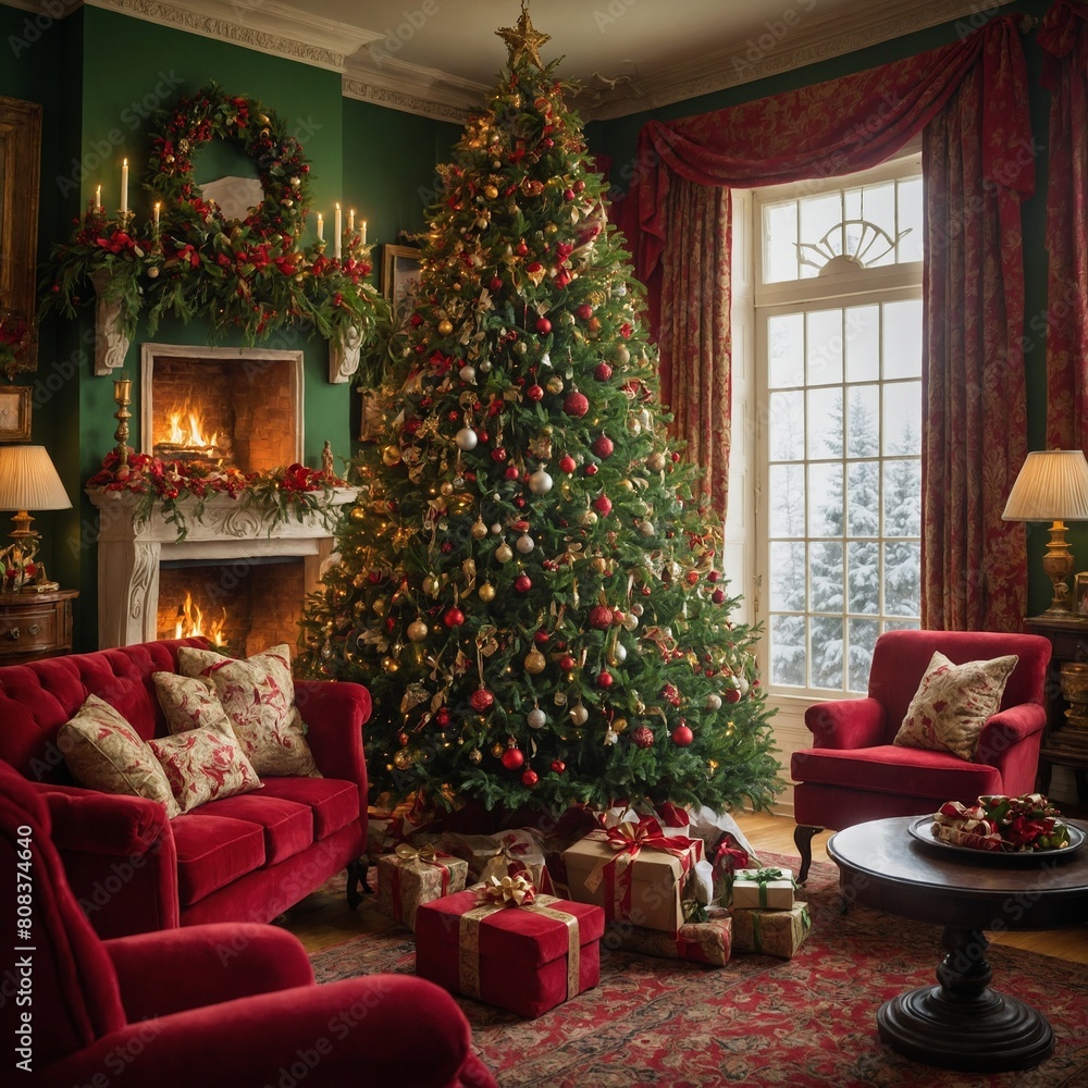Room festively decorated for christmas, featuring large tree adorned with lights, ornaments, including star topper. Tree surrounded by wrapped gifts. Fireplace, lit, radiating warmth.