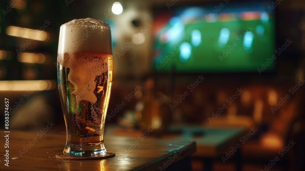 glass of beer on a wooden table in a house with a TV in the background watching a soccer game in high resolution and high quality glass of beer on a wooden table in a house with a TV in the background watching a soccer game in high resolution and high quality