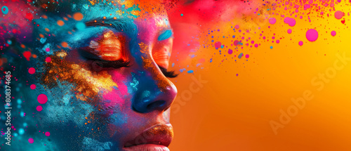 Banner with a woman's face covered in colorful paint explosion on the right corner on solid