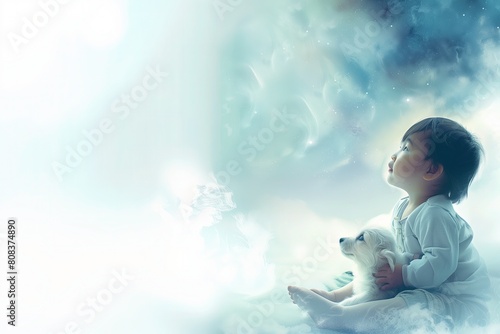 Małe dziecko siedzi na chmurze obok psa. Obraz przedstawia scenę przyjaźni między dzieckiem a psem na tle białego nieba #808374890