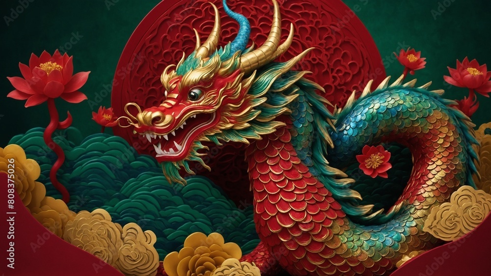Obraz premium Vibrant digital illustration on display. Majestic dragon, symbolizing power, good fortune, emerges from stylized clouds. Backdrop red, adorned with intricate patterns, blooming lotus flowers.