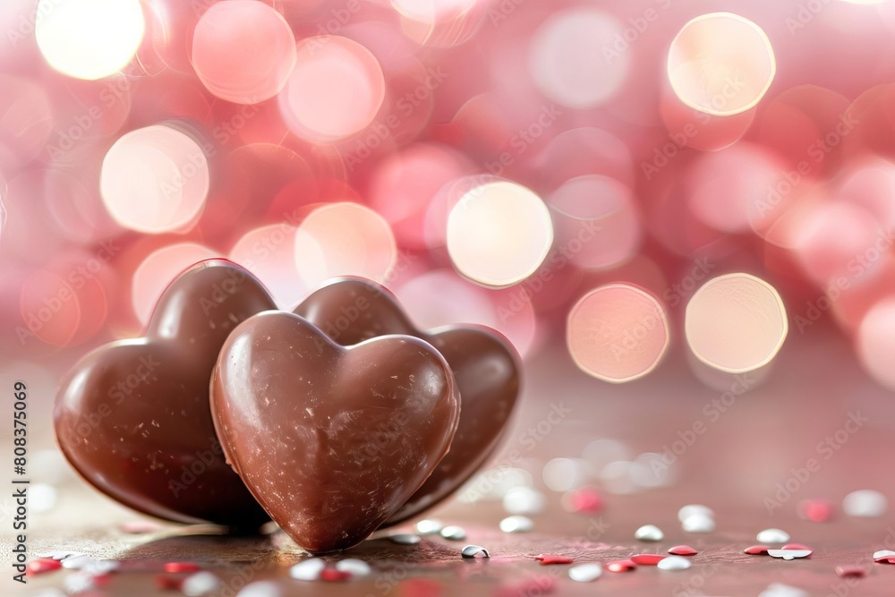 romantic valentines day chocolate hearts on blurred festive background