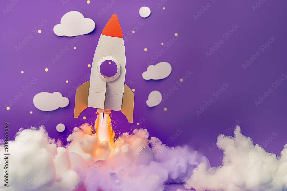 Night launch of a cardboard rocket. Children play time story time. Purple background with copy space. High quality photo Night launch of a cardboard rocket. Children play time story time. Purple background with copy space. High quality photo