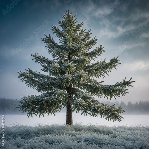 Solitary evergreen tree stands prominently against wintry backdrop. Branches of tree heavily laden with snow  creating serene  peaceful scene. Sky above overcast  painted with shades of blue  gray.