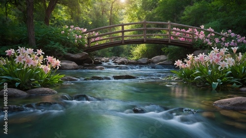Serene stream flows gently under wooden arched bridge surrounded by lush greenery  vibrant pink flowers  creating tranquil natural scene. Sunlight filters through foliage.
