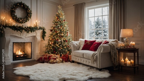 Room radiates warmth from lit fireplace, heart of festive christmas setting. Tree, adorned with lights, ornaments, stands proudly by fireplace, presents nestled underneath. White sofa.