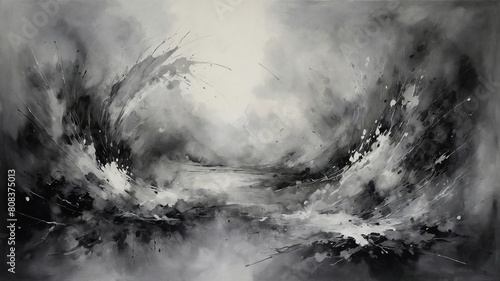 Abstract painting in monochrome showcases dynamic, explosive moment. Splashes, strokes of black, white paint create sense of movement around central lighter area. This area draws eye inward. photo