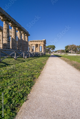 Path besides Temple of Hera at famous Paestum Archaeological UNESCO World Heritage Site, Province of Salerno, Campania, Italy