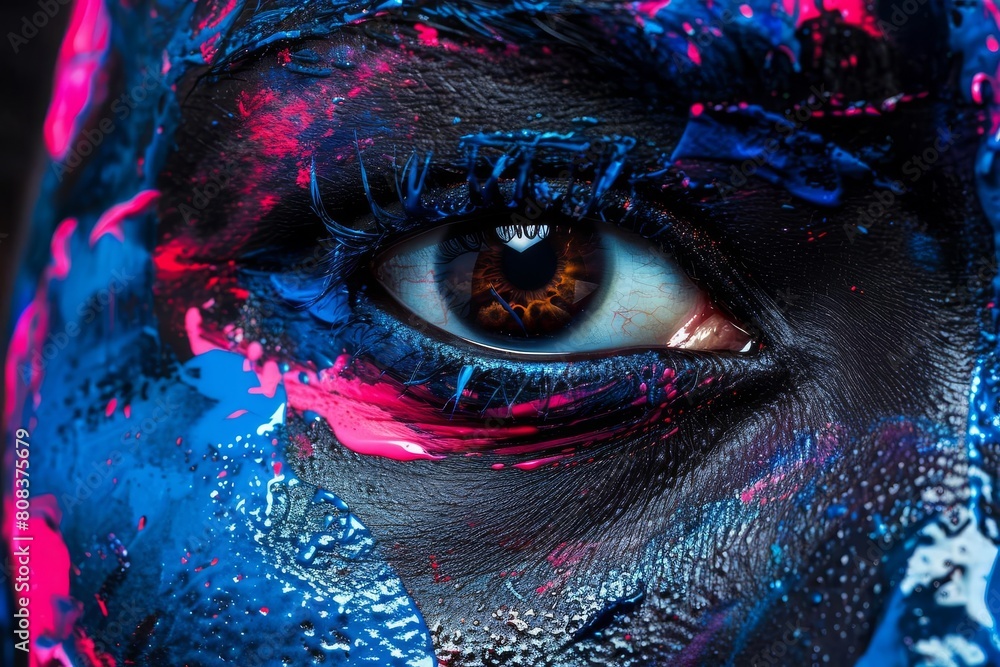 striking eye closeup blue and pink paint splattered on dark skin abstract art photograph striking eye closeup blue and pink paint splattered on dark skin abstract art photograph
