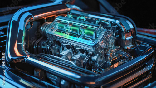 Close-up of a modern transparent car engine