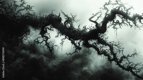 Capture the eerie essence of a haunted forest with a close-up shot of gnarled, twisted branches dripping with ghostly mist in intricate pen and ink