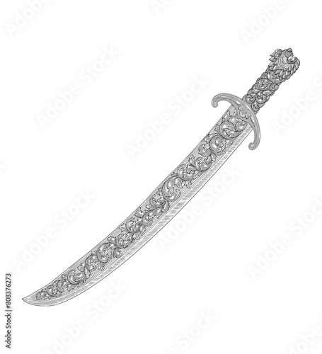 Ancient sword with floral ornament. Vintage engraving drawing style illustration