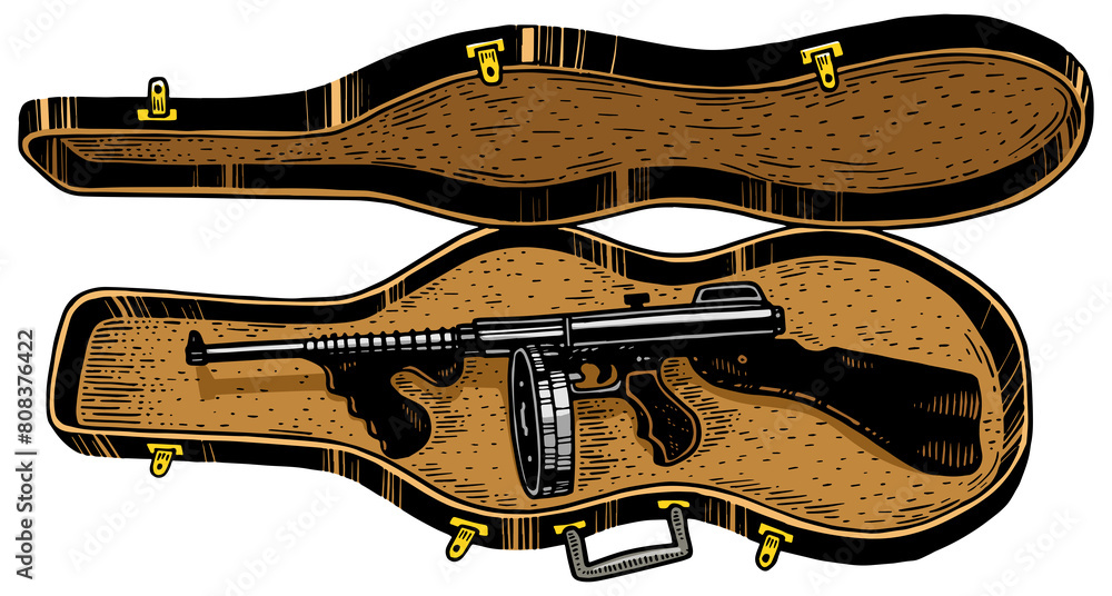 Thompson submachine gun in violin case sketch engraving PNG illustration. T-shirt apparel print design. Scratch board style imitation. Black and white hand drawn image. Thompson submachine gun in violin case sketch engraving PNG illustration. T-shirt apparel print design. Scratch board style imitation. Black and white hand drawn image.