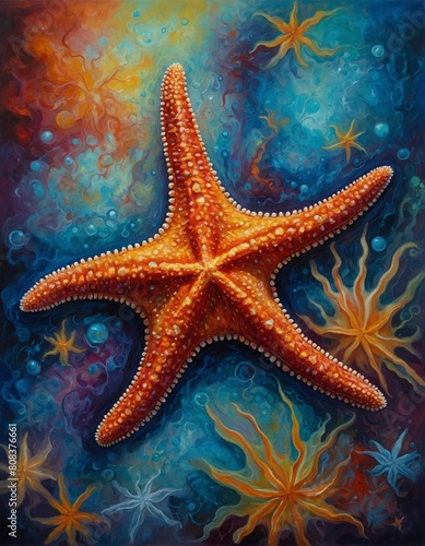 Large golden orange Starfish with an abstract trippy background