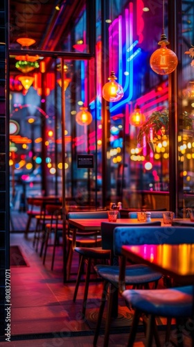 Reflection on Wireshape tablet totem surface, modern eatery, vivid color details, lowlight ambiance
