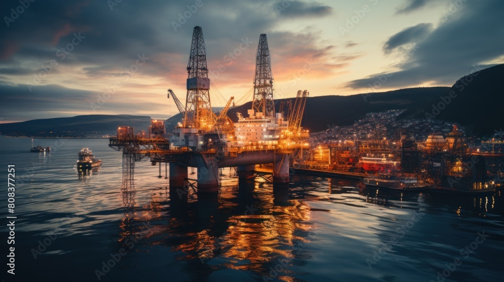 Aerial Drone View of Offshore Oil Rig at Sunset with Illuminated Lights and Calm Sea