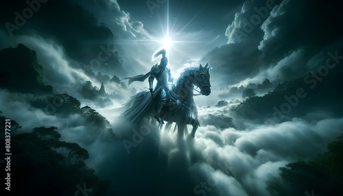 the images of a knight of the Mist Kingdom, depicted riding a horse through a mystical realm filled with mist and light. The wide-angle view enhances the magical and dreamlike quality of the knight's  photo