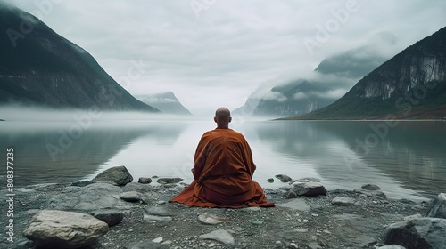 Tibetan Monk Meditating by a Serene Misty Lake with Mountain View photo