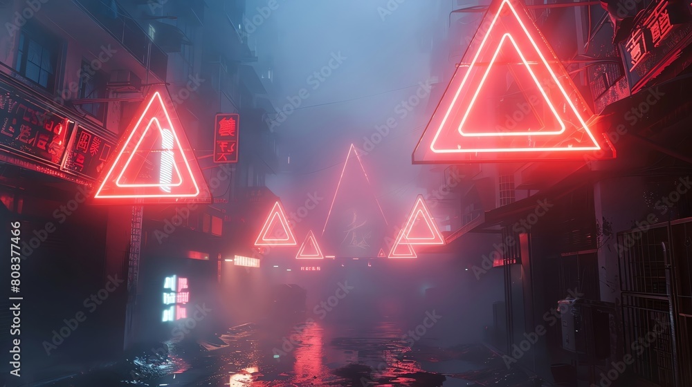 Triangle-shaped neon signs in a foggy cityscape, guiding lost travelers with their geometric luminescence Triangle-shaped neon signs in a foggy cityscape, guiding lost travelers with their geometric luminescence