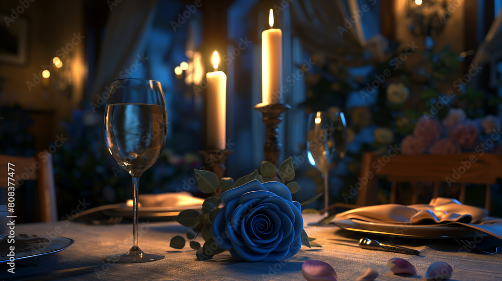Romantic candlelit dinner with a blue rose centerpiece