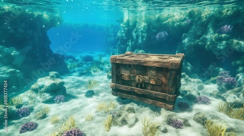Mysterious Wooden Treasure Chest Under the Crystal Clear Ocean Waters © AS Photo Family