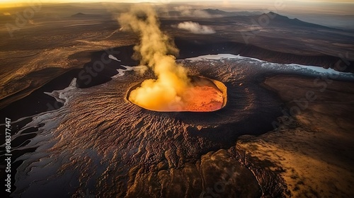 Breathtaking Aerial View of an Active Volcano at Sunset in Reykjanes Peninsula, Iceland photo