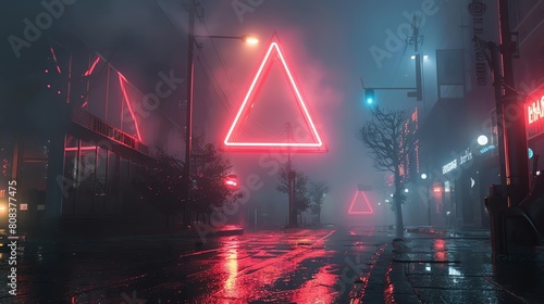 Triangle-shaped neon signs in a foggy cityscape, guiding lost travelers with their geometric luminescence © Nawarit