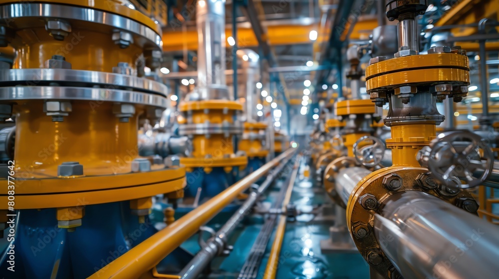 Wide-angle view of an extensive pipe and valve system in a chemical factory, demonstrating infrastructure and flow control