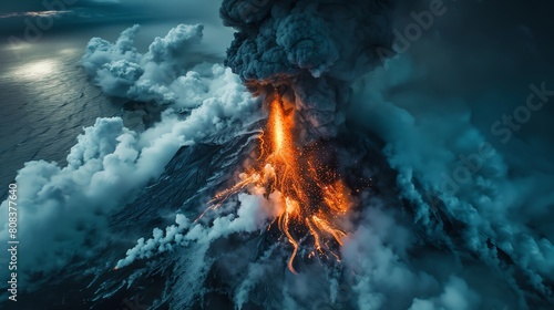 Volcanic eruption viewed from a helicopter, a daring aerial perspective capturing nature's raw power photo