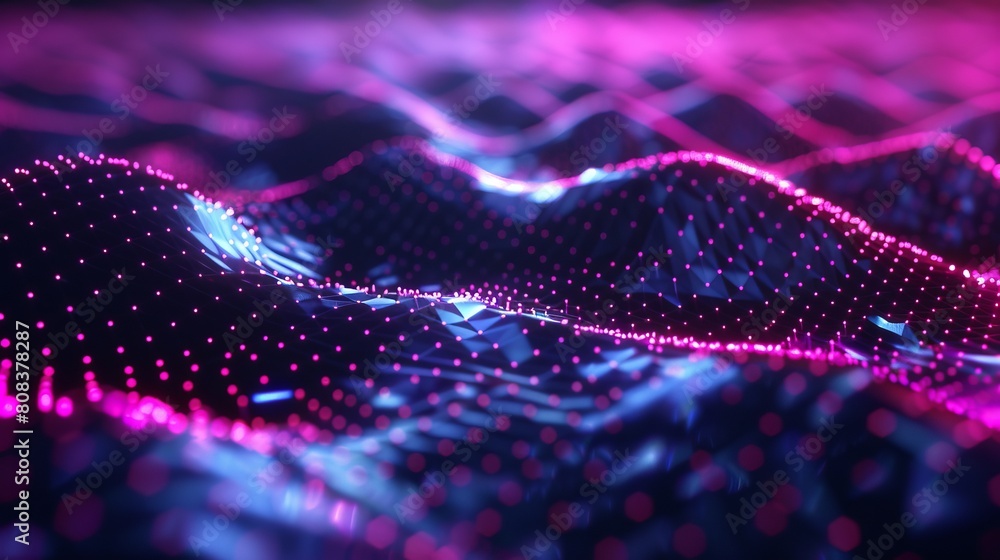 3D render of a cybernetic geometric landscape, illuminated by neon light, depicting a futuristic mesh surface 3D render of a cybernetic geometric landscape, illuminated by neon light, depicting a futuristic mesh surface