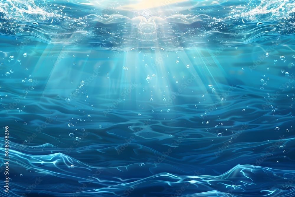 Underwater view showing beams of sunlight filtering through the water, illuminating the gentle waves above